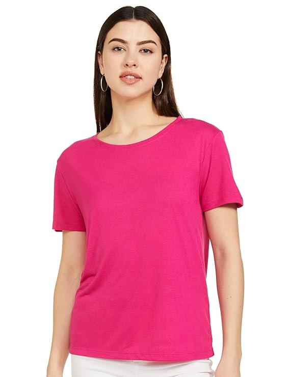 Marks & Spencer Womens Solid Polyester Blend Crew Neck Relaxed Fit T Shirt